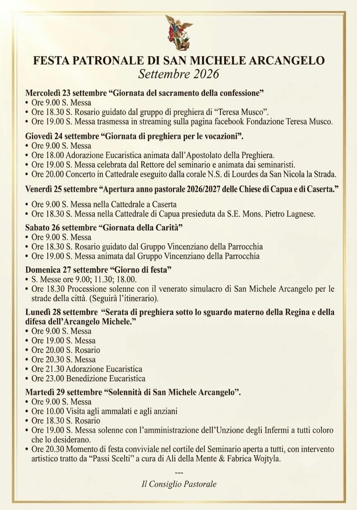 Locandina con il programma completo della festa patronale di San Michele Arcangelo, dal 20 al 29 settembre 2026